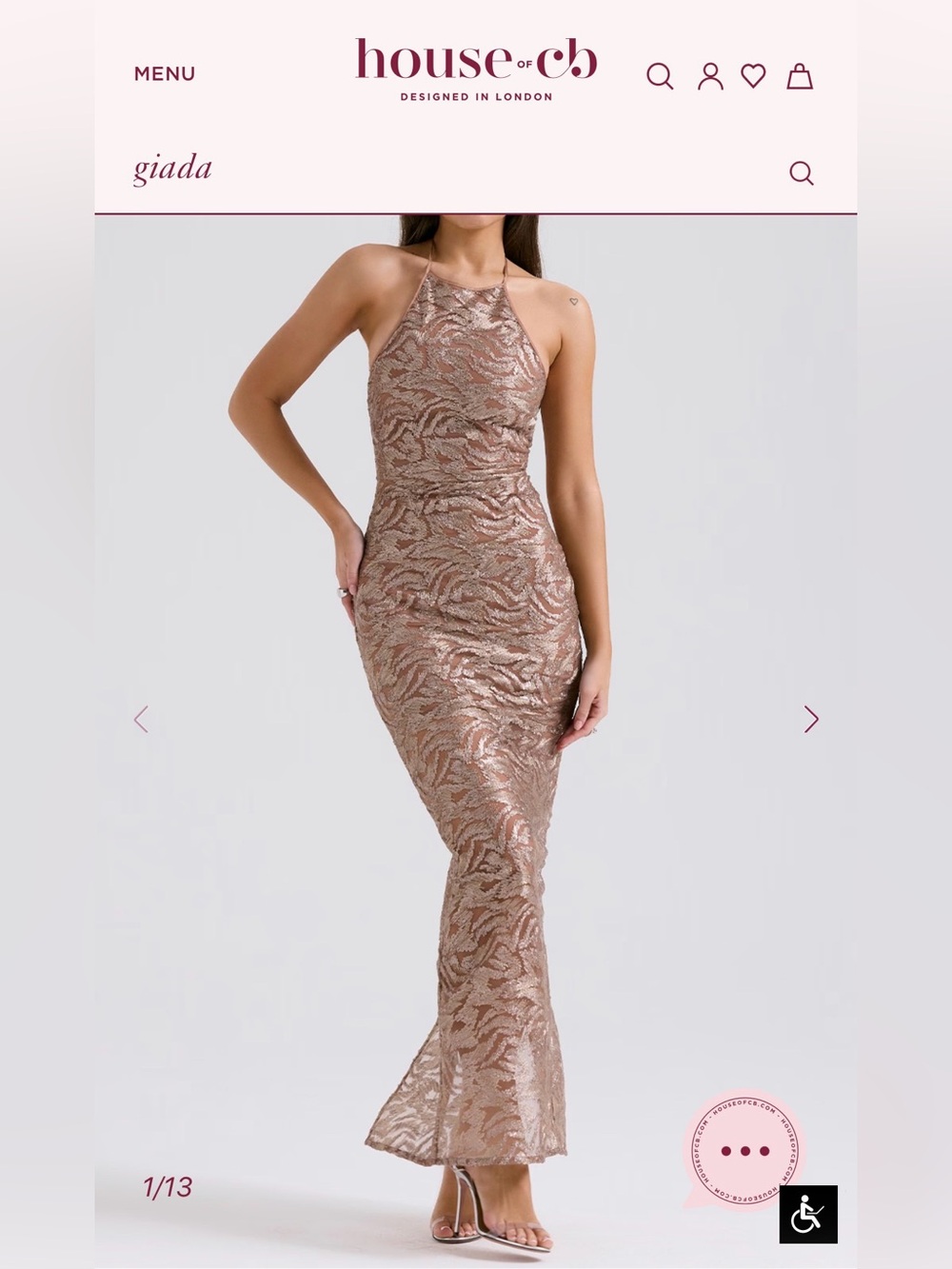 HOUSE OF CB 'Giada' Rose Gold Embroidered Sequinned Gown/Size Large $249